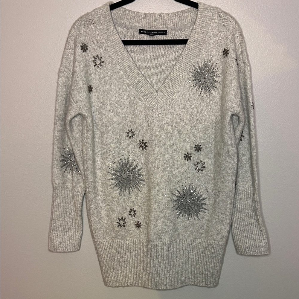 White House Black Market Grey Embellished V-Neck Sweater